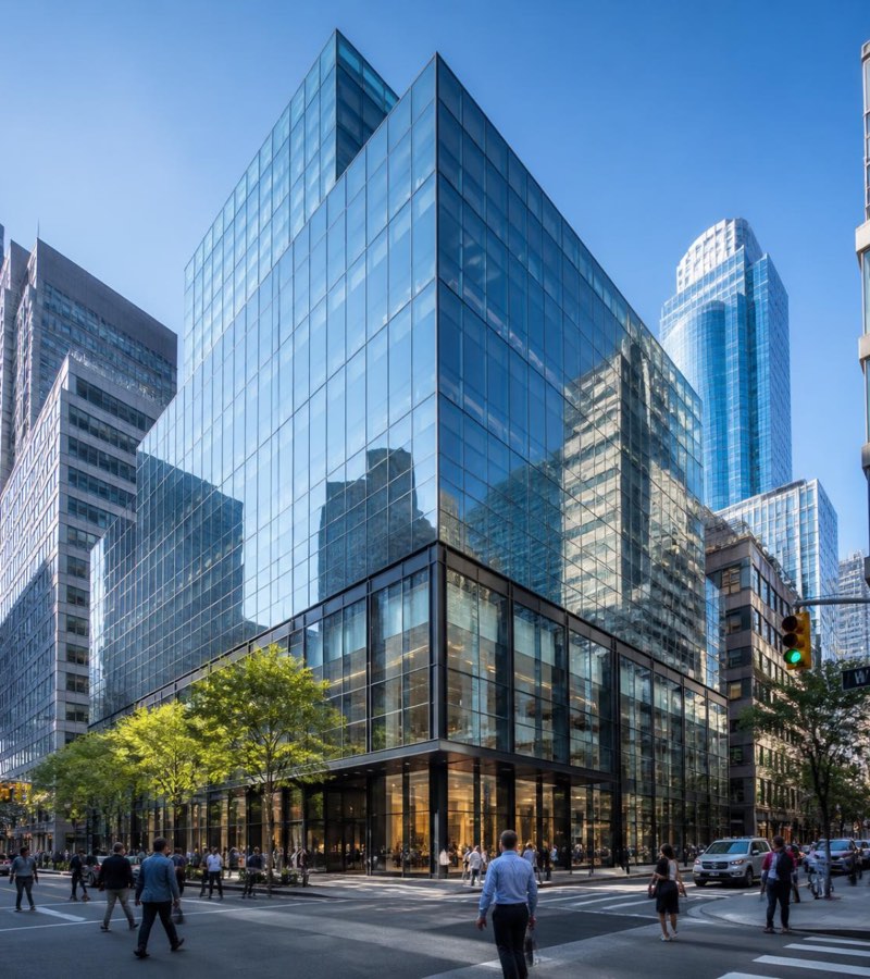 Glass commercial real estate towers in a city downtown